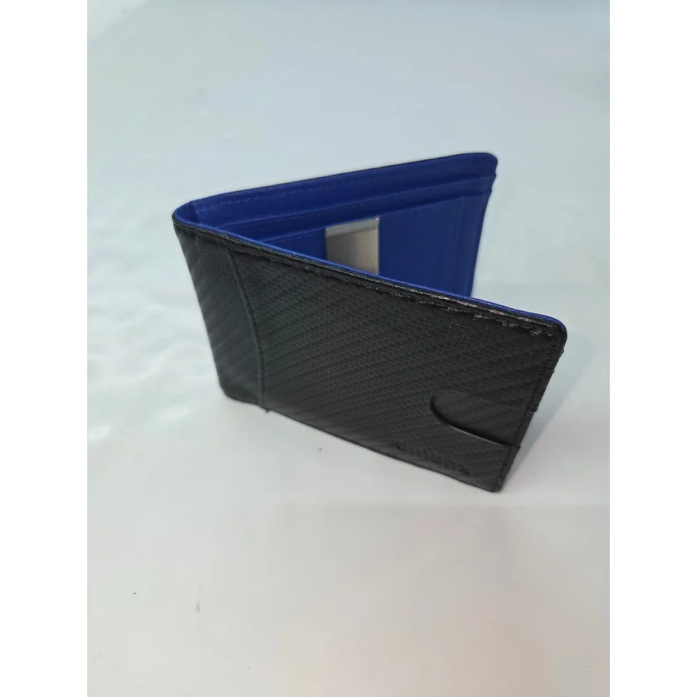 Runbox Mens Carbon Fiber Bifold Wallet Black Blue Money Clip Slim ID Window RFID